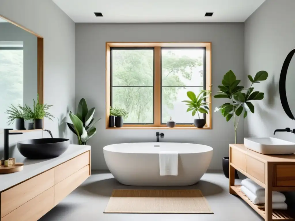 Baño sereno y minimalista con detalles de madera natural