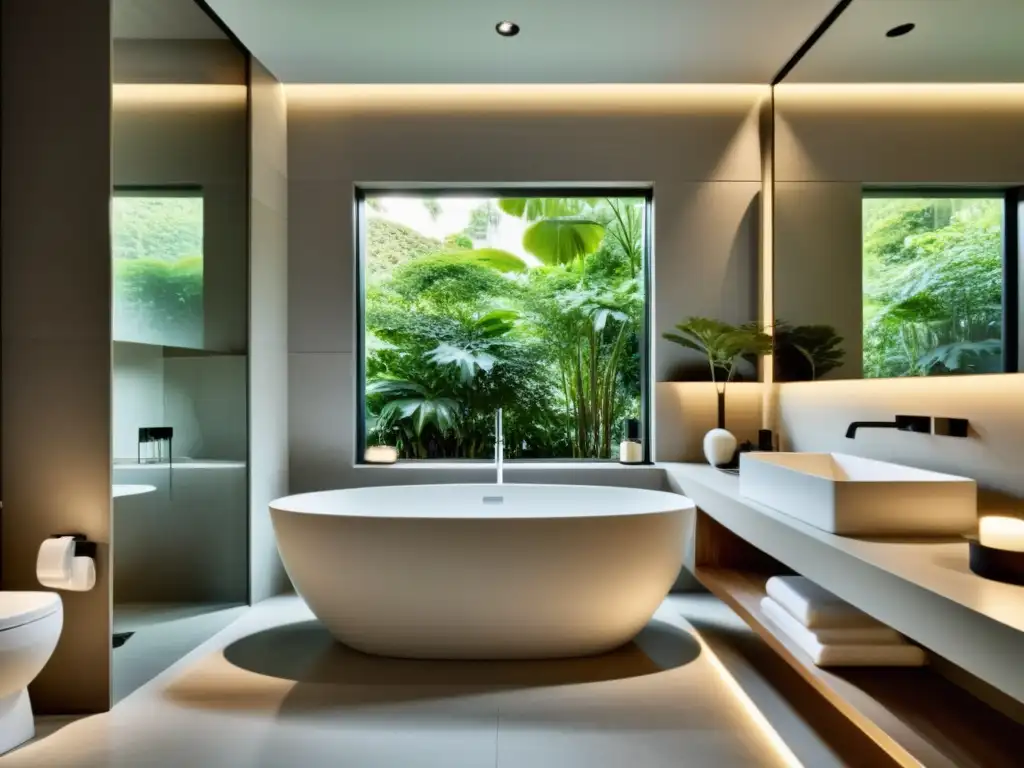 Un baño sereno y minimalista con disposición de sanitarios según Feng Shui, tonos neutros y armonía