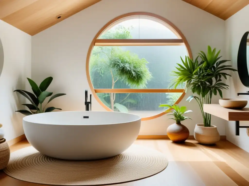 Un baño sereno y minimalista con elementos de madera natural y Feng Shui para armonizar el baño