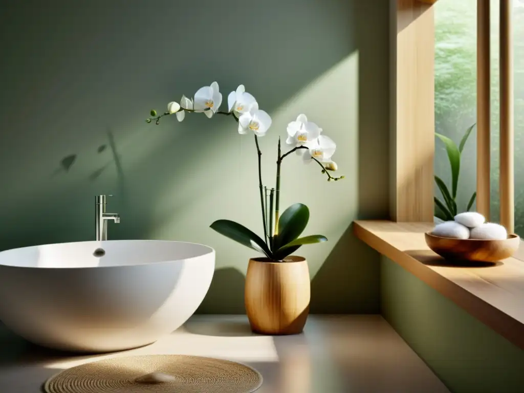 Un baño sereno y minimalista con elementos de Feng Shui para baños negativos: plantas, luz natural y equilibrio