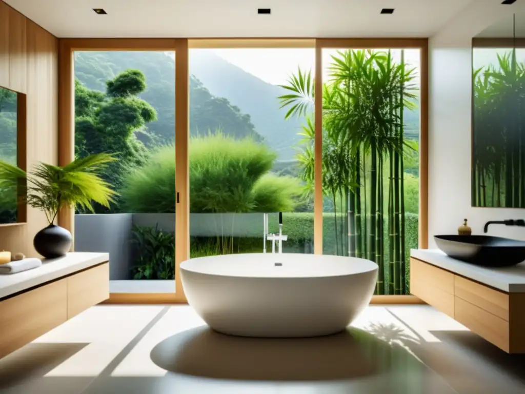 Un baño sereno y minimalista con elementos de madera y Feng Shui para el baño, bañera blanca y ventana con vista tranquila