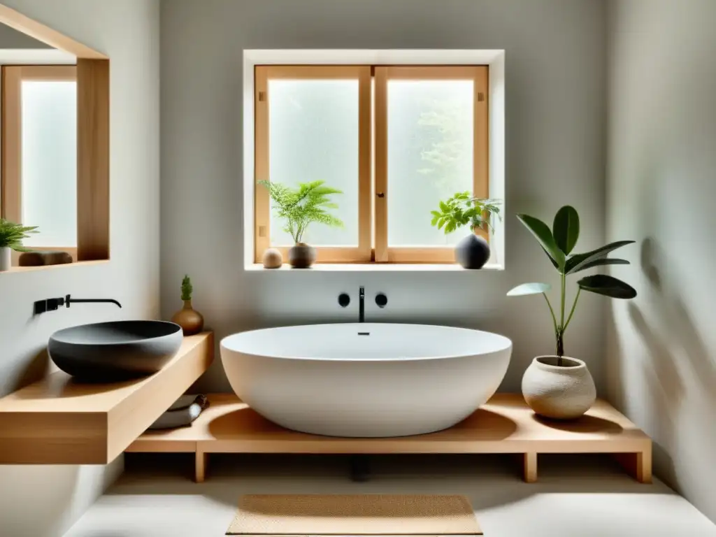 Un baño sereno y minimalista con elementos naturales, como un taburete de madera, una planta en maceta y un lavabo de piedra