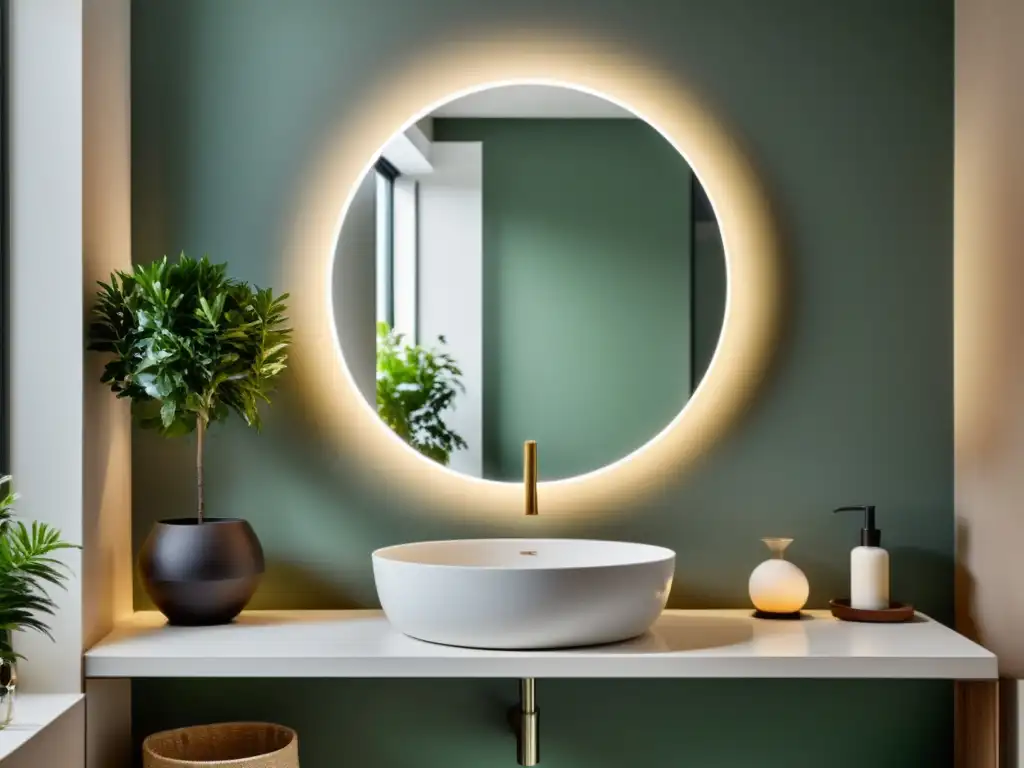 Un baño sereno y minimalista con un espejo redondo que refleja la luz natural, creando una atmósfera tranquila y equilibrada