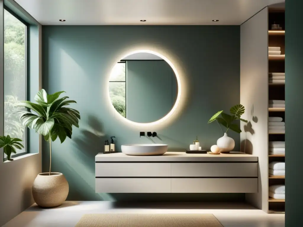 Un baño sereno y minimalista con un espejo estratégicamente colocado que refleja la luz natural y la vegetación, creando equilibrio y armonía