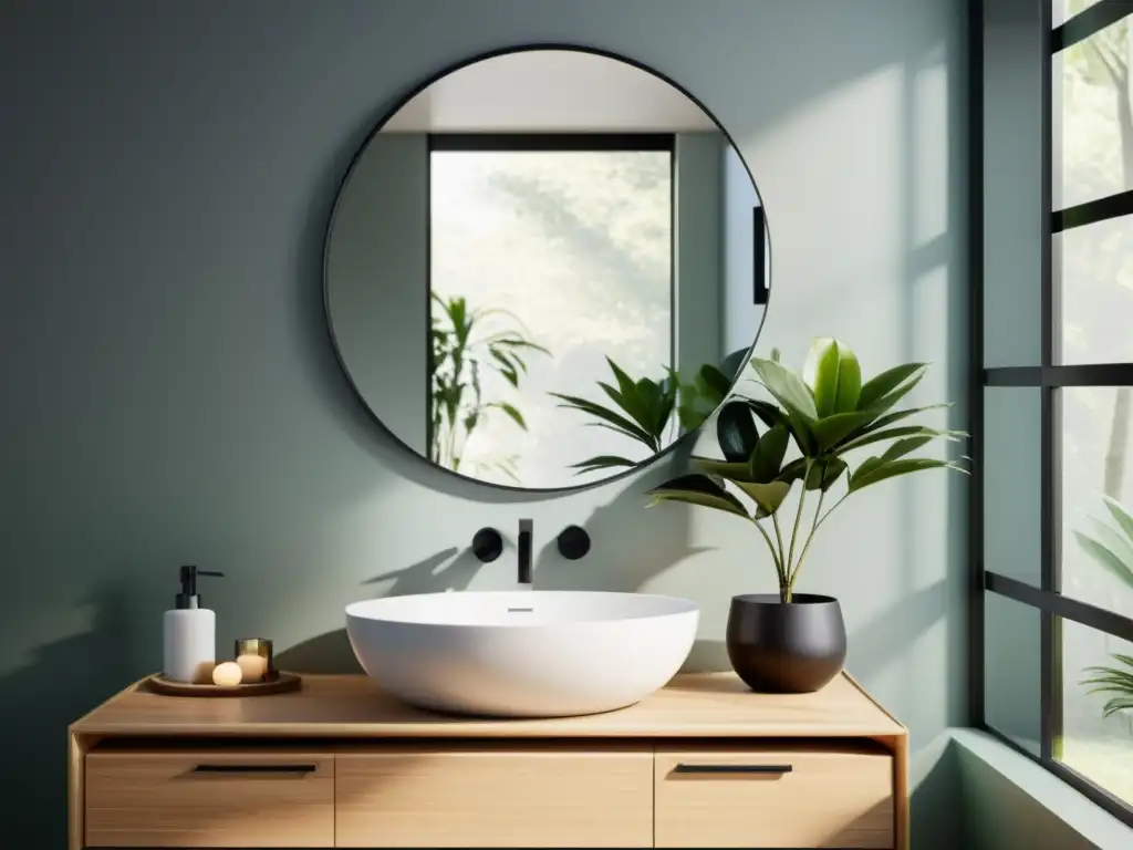 Baño sereno con diseño minimalista, espejo redondo de marco negro, plantas de bambú y toallas blancas