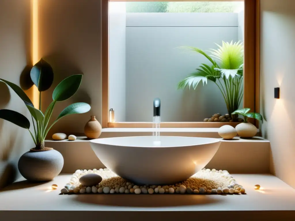 Un baño sereno y minimalista, con imágenes y símbolos del Feng Shui para hogar