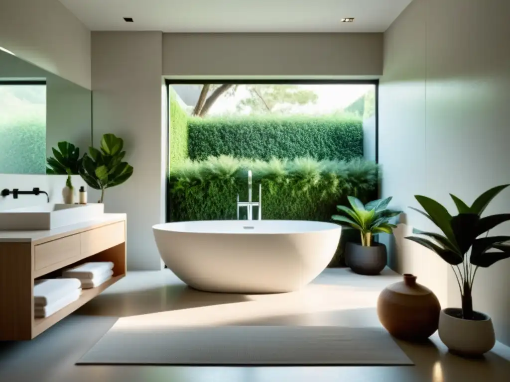 Un baño sereno y minimalista con iluminación natural, bañera independiente y plantas, en armonización con el diseño Feng Shui