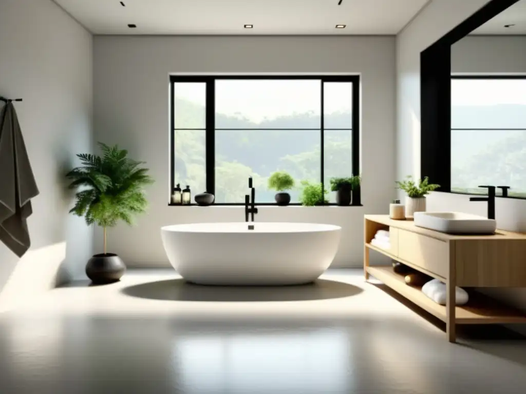 Baño minimalista sereno con bañera moderna y toques verdes Un baño sereno y minimalista con líneas limpias y colores neutros