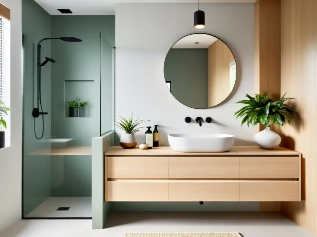 Baño minimalista: pureza y tranquilidad en un oasis de serenidad Un baño sereno y minimalista con líneas limpias y una paleta de colores relajante