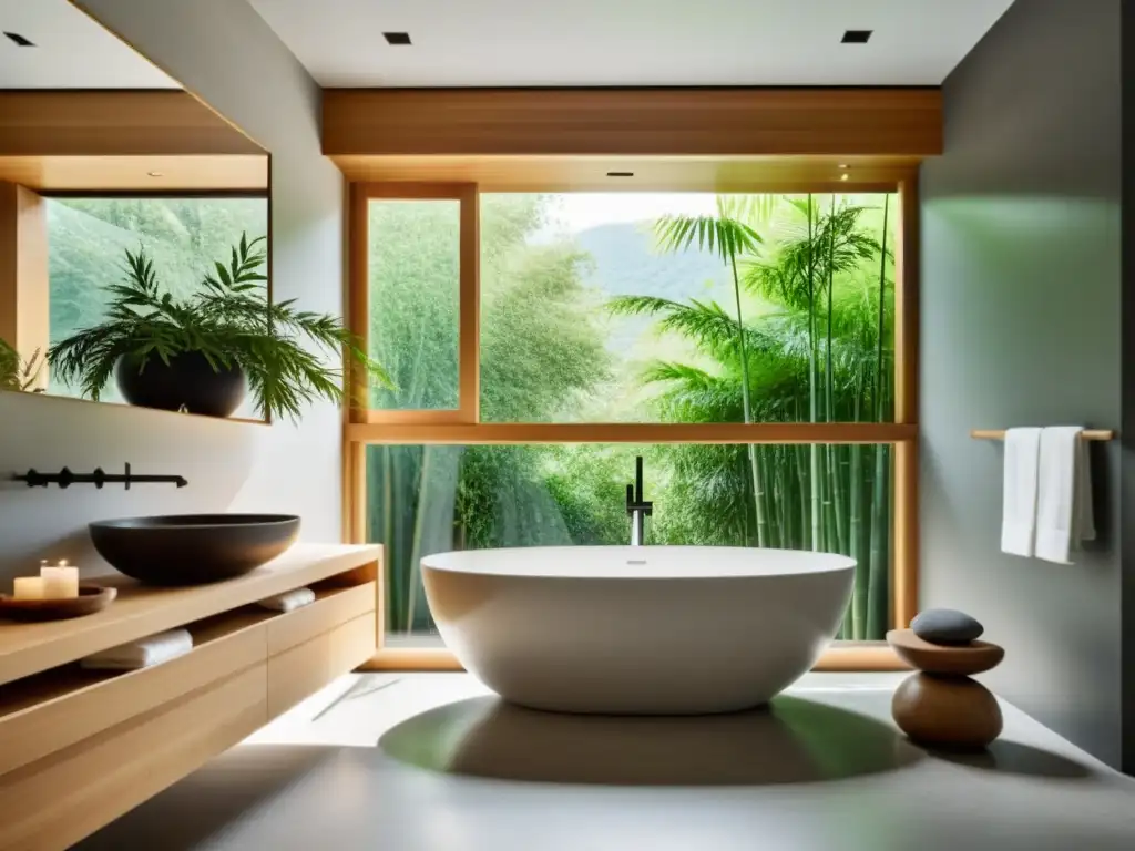 Un baño sereno y minimalista con luz natural, decorado con plantas de bambú y piedras, purificando energía baño Feng Shui