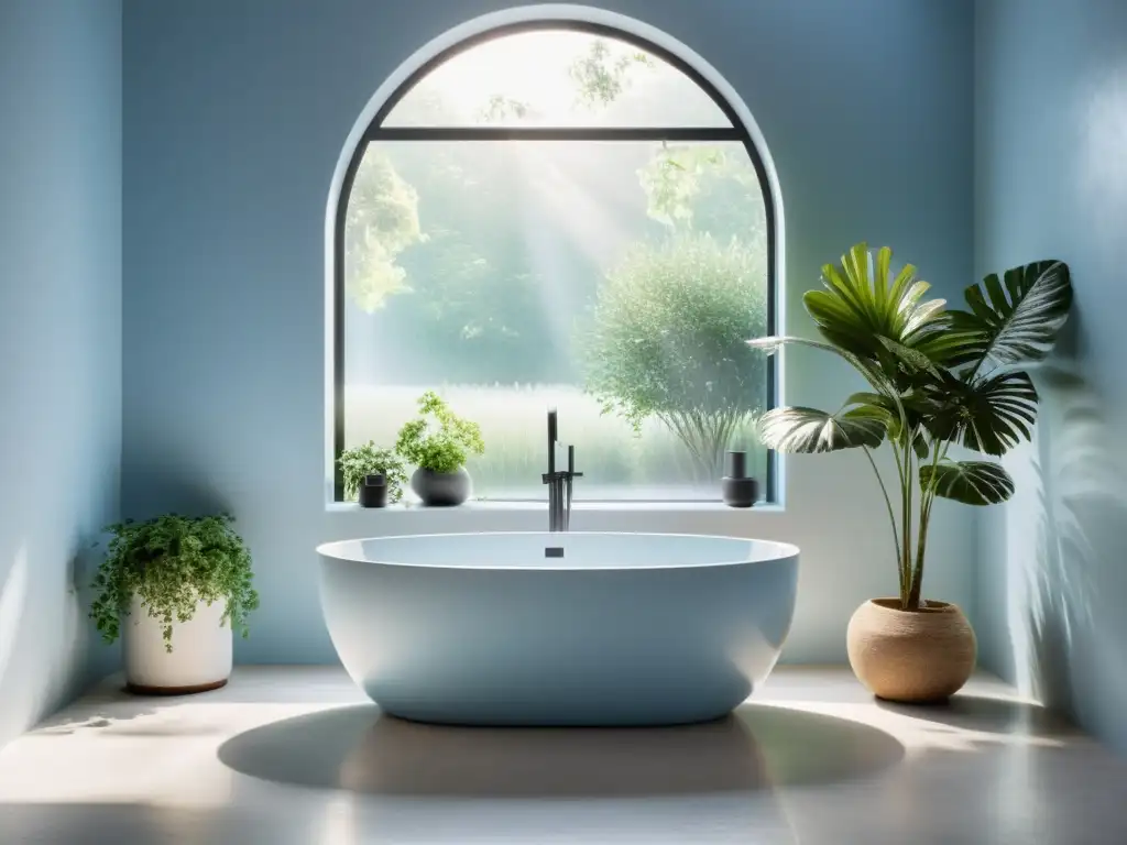 Baño sereno y minimalista con luz natural, bañera moderna llena de agua clara, paredes azul pálido, plantas