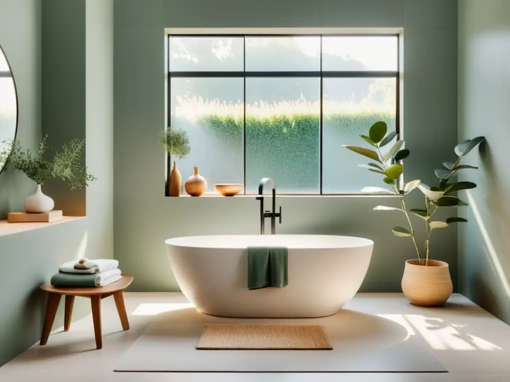 Un baño sereno y minimalista con luz natural, bañera independiente, toalla doblada y eucalipto