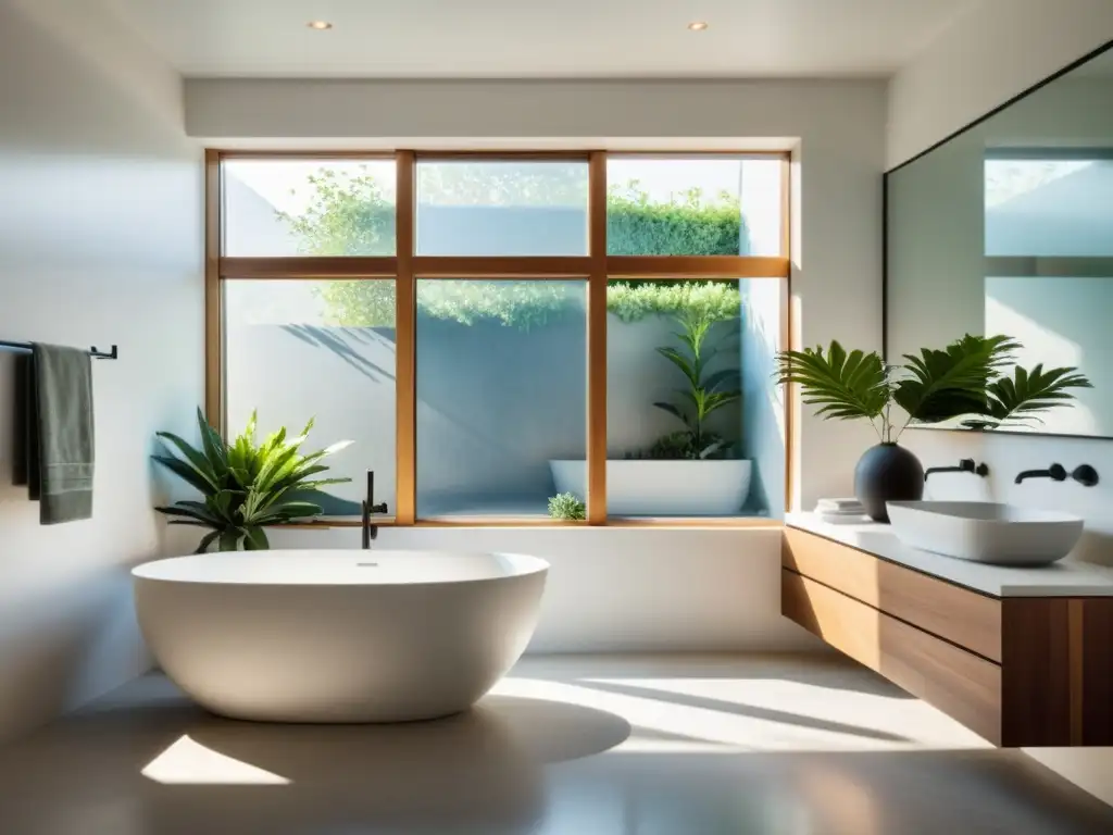 Un baño sereno y minimalista con luz natural e influencia de Feng Shui para el baño