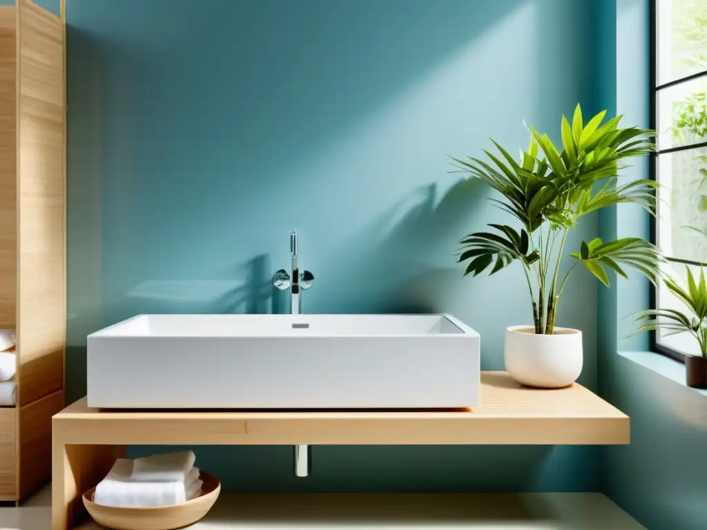 Un baño sereno y minimalista con iluminación natural suave y superficies limpias y despejadas