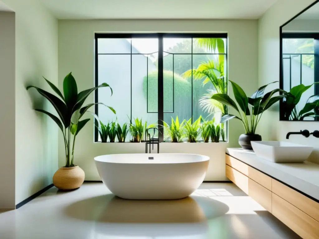 Un baño sereno y minimalista con plantas purificadoras para baño Feng Shui, bañera y ventana con luz natural