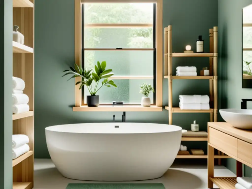 Un baño sereno y minimalista con organización Feng Shui y suaves luces naturales