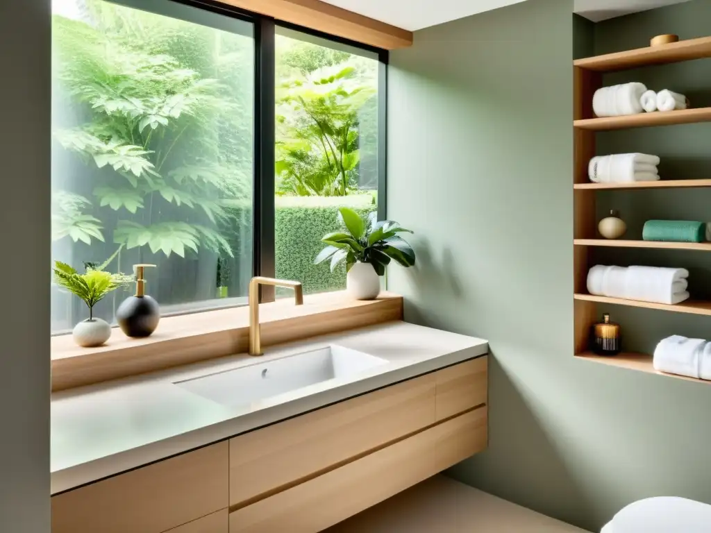 Un baño sereno y minimalista con toallas dobladas y elementos decorativos en estantes de madera clara, bañado por luz natural con vista al jardín