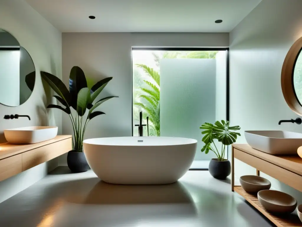 Baño sereno con iluminación natural, bañera moderna y decoración minimalista, inspirando Feng Shui para baños negativos