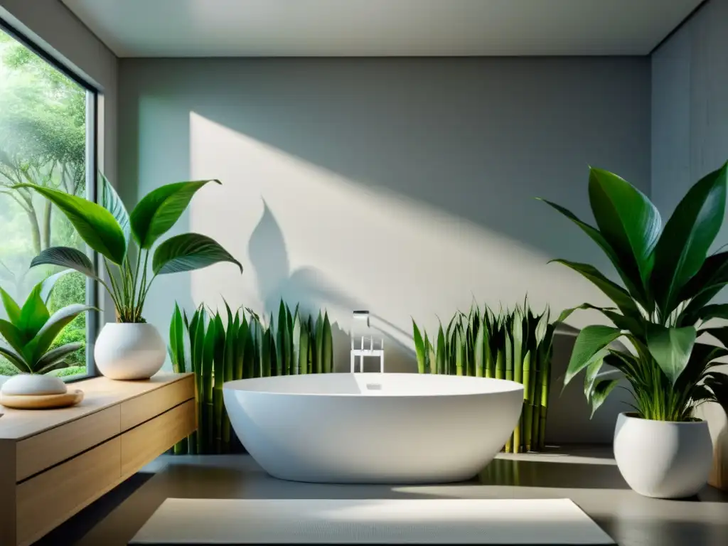 Baño sereno con plantas purificadoras para baño Feng Shui, bañera blanca rodeada de vegetación exuberante en macetas blancas