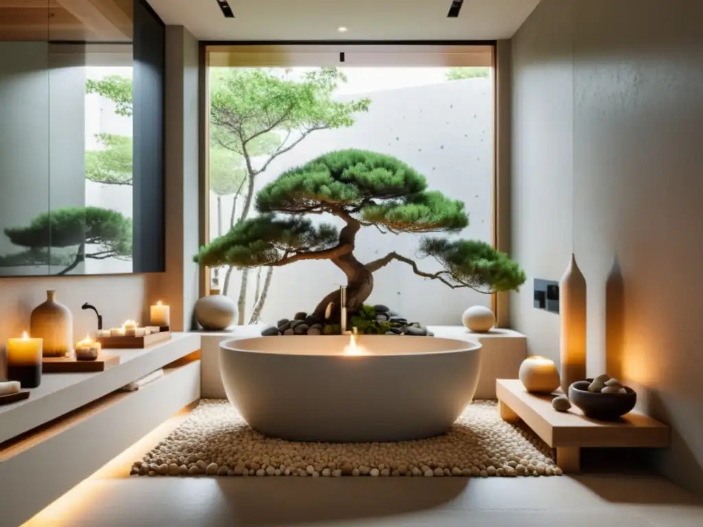 Un baño zen inspirado en Feng Shui para baños, con líneas limpias, elementos naturales y una sensación de tranquilidad