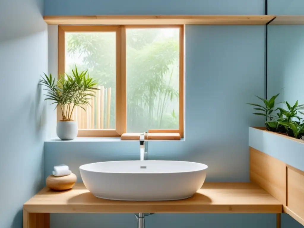 'Feng Shui para baños negativos: Un baño sereno y minimalista con luz natural suave y una paleta de colores relajante