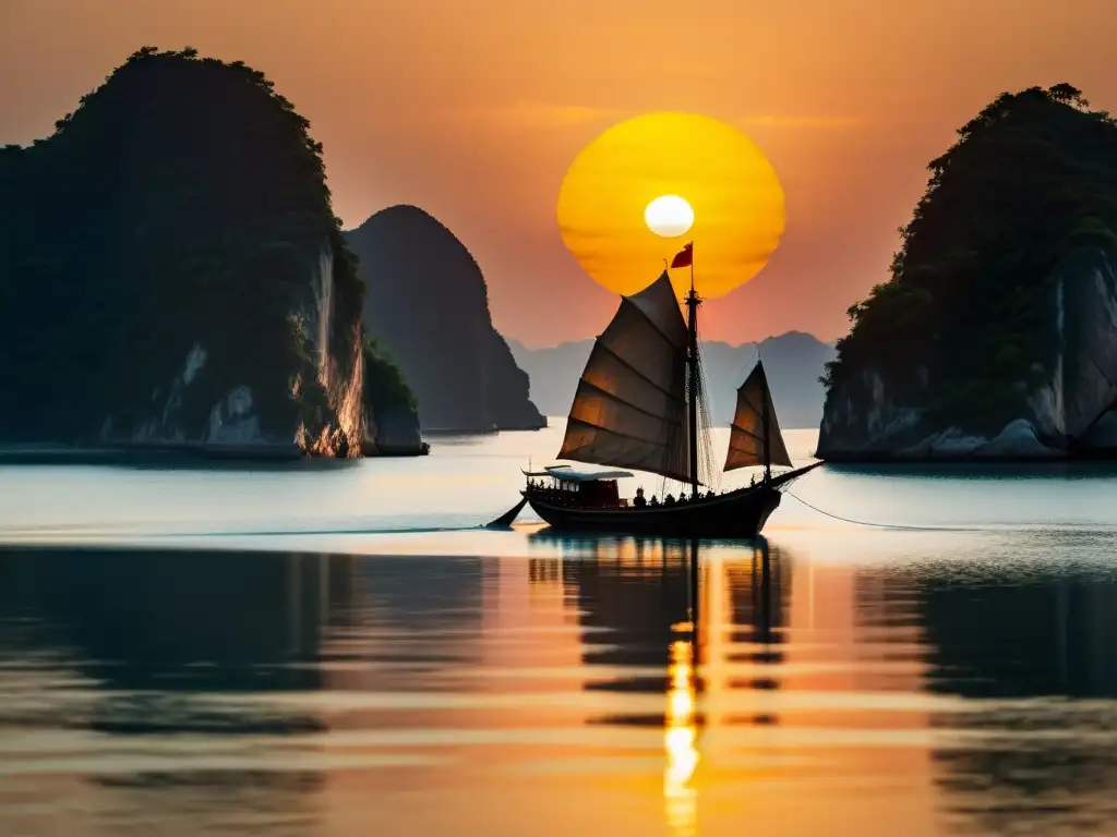 Barco tradicional chino navegando al atardecer Un barco tradicional chino navega en aguas tranquilas al atardecer, irradiando paz y sabiduría ancestral