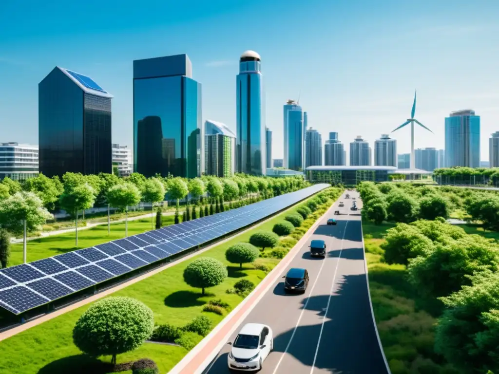 Vecindario urbano sostenible: energía limpia y armonía Barrio urbano moderno con edificios energéticamente eficientes, paneles solares y turbinas eólicas