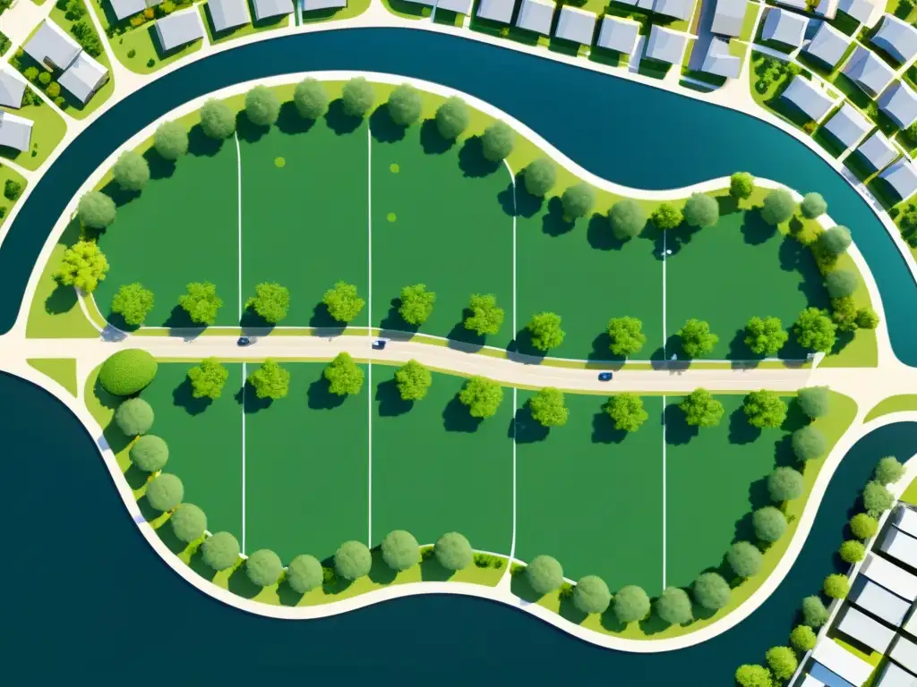 Planificación urbana con Feng Shui: armonía y energía Planificación de barrios con Feng Shui: Diseño urbano armonioso con calles curvas e espacios verdes
