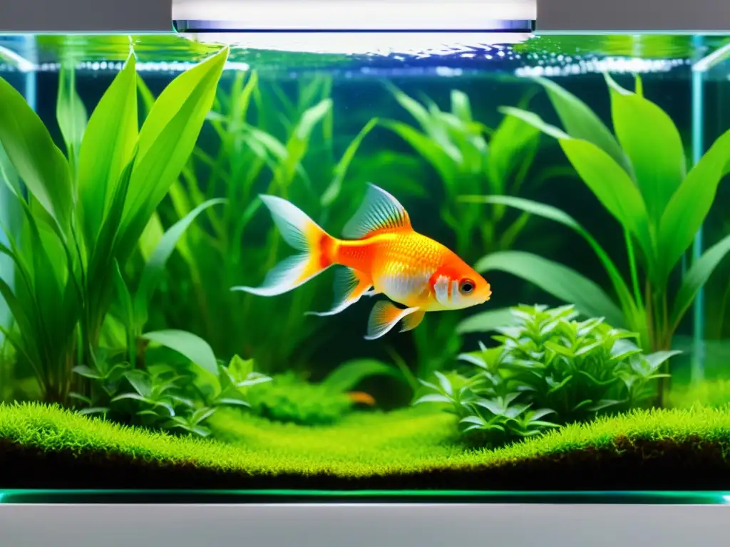 Un bello acuario con peces dorados en un ambiente armonioso y sereno, siguiendo los principios del Feng Shui