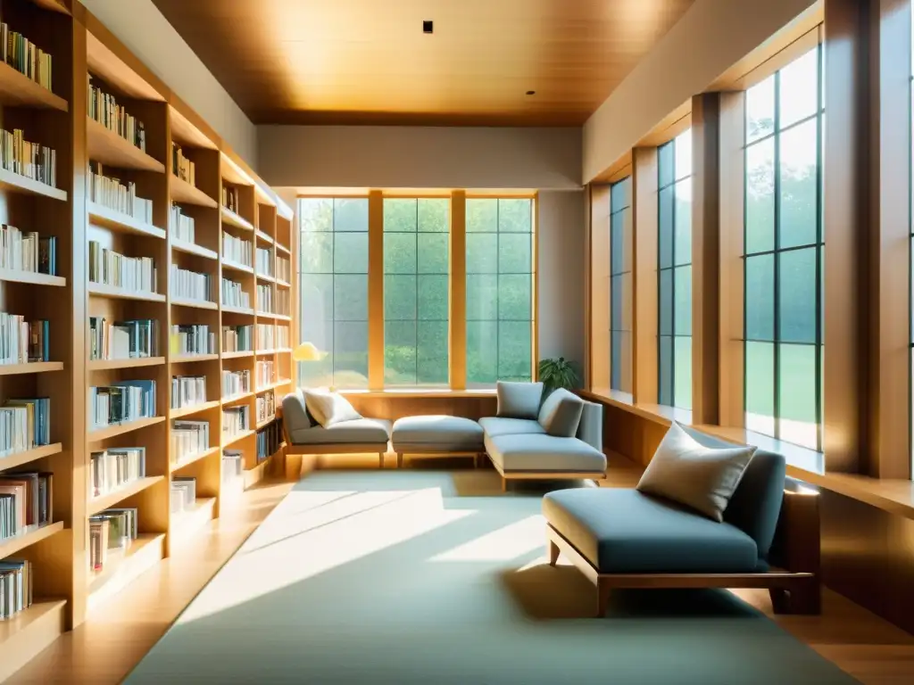 Una biblioteca tranquila y armonizada con Feng Shui, bañada por la luz natural que ilumina estantes de madera repletos de libros