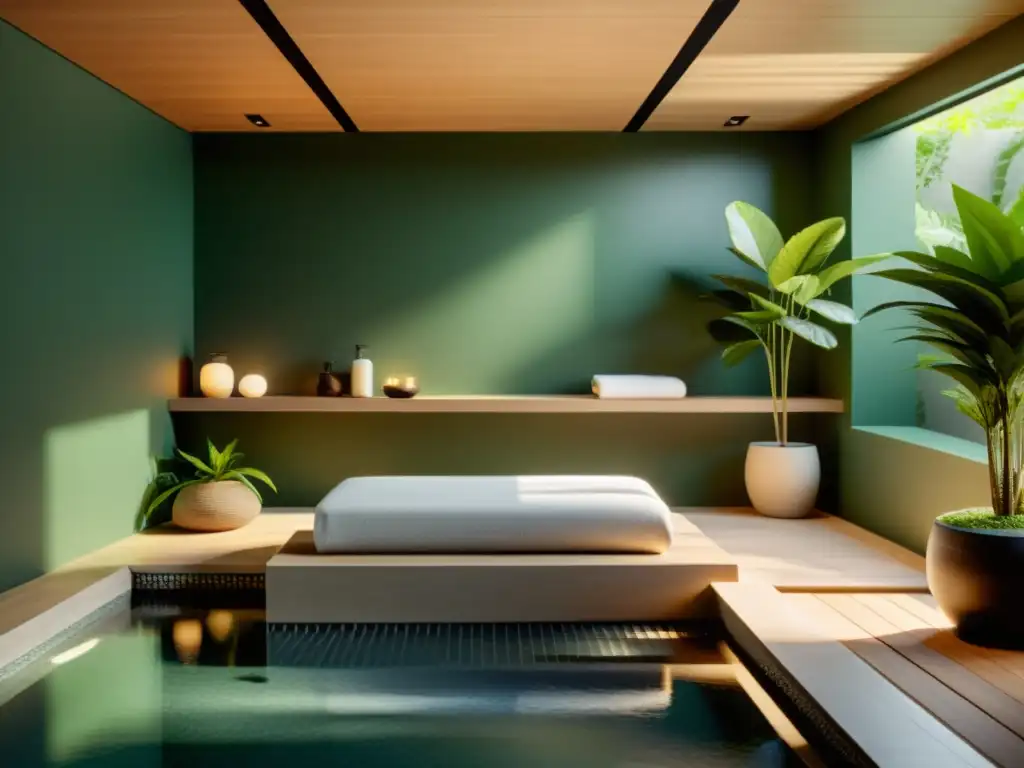 Armonización y bienestar en un spa minimalista con luz suave y serenidad, rodeado de plantas exuberantes y decoración equilibrada