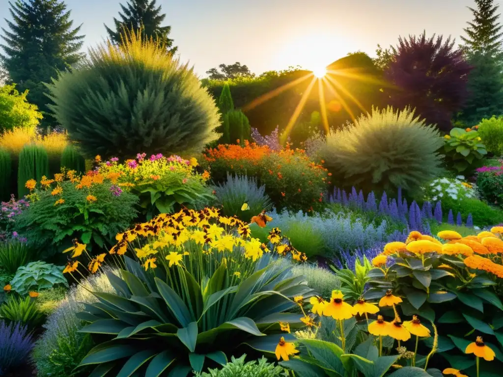 Un jardín biodiverso y armonioso, con plantas nativas en un diseño meticuloso