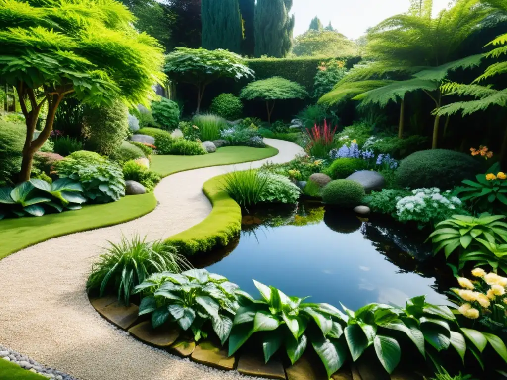 Un jardín biodiverso diseñado con principios de Feng Shui, reflejando equilibrio y tranquilidad