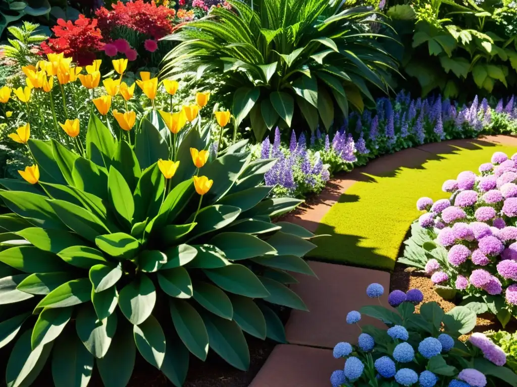 Un jardín biodiverso rebosante de vida, con una variedad de coloridas flores y plantas