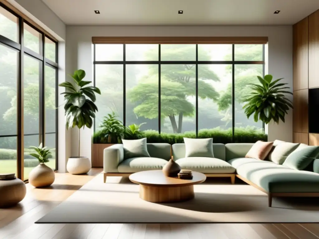 Diseño biofílico con Feng Shui: Sala minimalista con luz natural, plantas verdes y muebles de madera