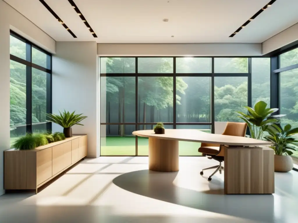 Diseño biofílico con Feng Shui: Oficina minimalista con vista a un bosque verde y muebles de madera elegantes bañados por la luz natural