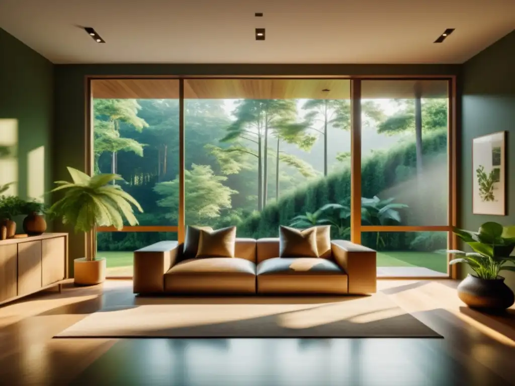 Diseño biofílico con Feng Shui: Sala minimalista con vista a un bosque verde y muebles de madera, creando un espacio armonioso con la naturaleza