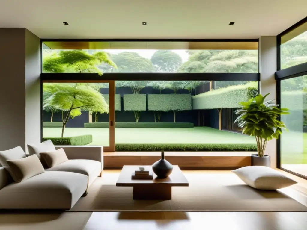 Diseño biofílico con Feng Shui: Sala minimalista con vista a jardín, tonos terrosos y elementos naturales para armonía y tranquilidad