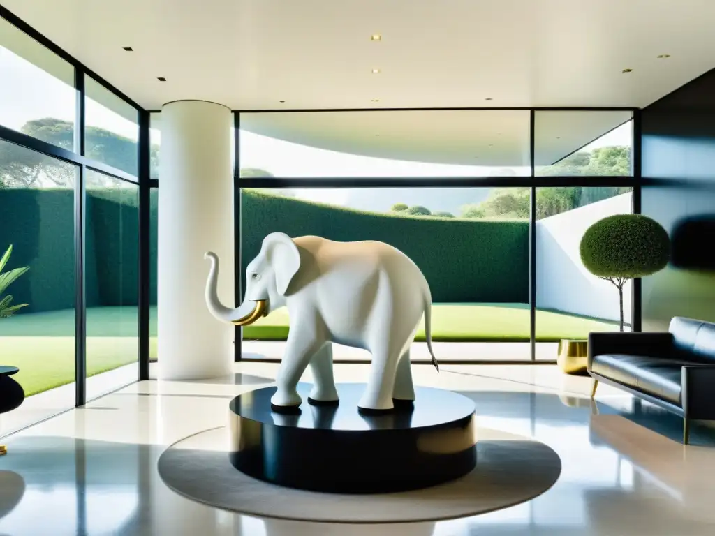 Escultura elefante feng shui hogar: Sala blanca minimalista con escultura elefante dorada en pedestal negro, iluminada por luz natural y vista al jardín