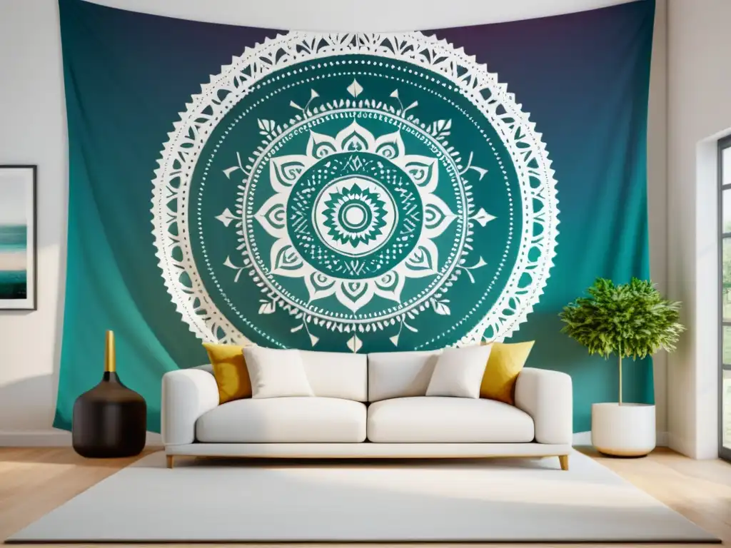 Feng Shui mandala decoración hogar: Sala blanca serena con mandala colorido en la pared, simetría y equilibrio