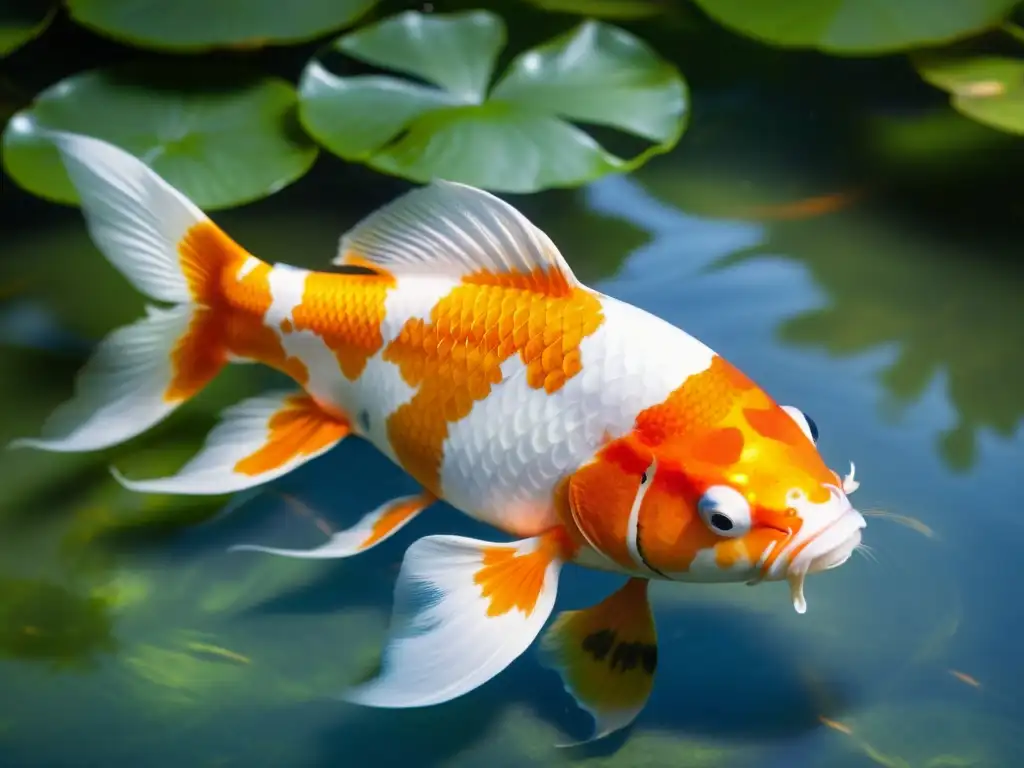 Koi fish: belleza y serenidad en un estanque Un Koi naranja y blanco nada elegante en un estanque tranquilo, mostrando la belleza y serenidad que aporta a la decoración del hogar