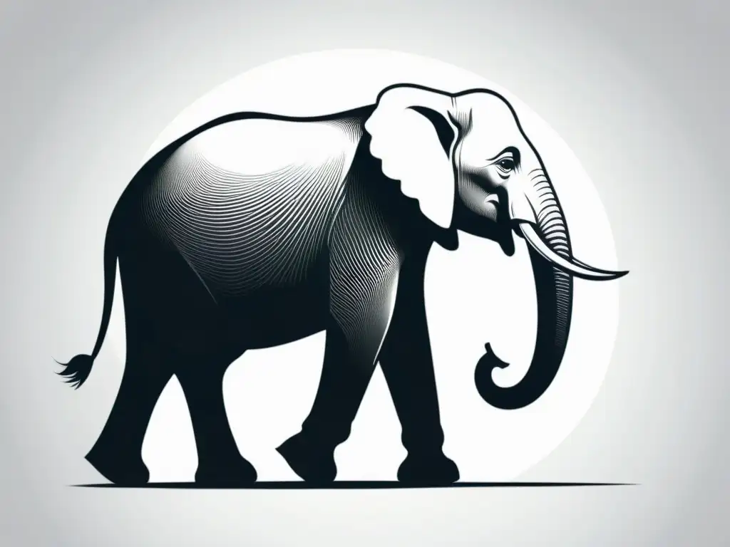 Una ilustración en blanco y negro de un elefante majestuoso, con líneas detalladas que capturan su esencia