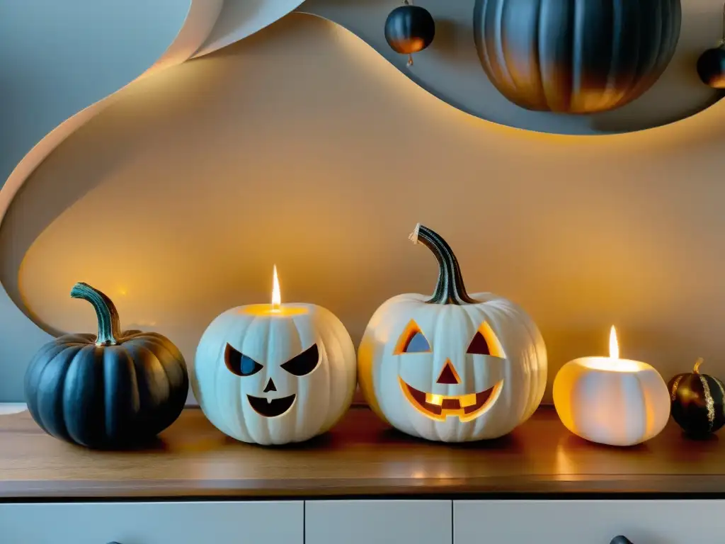 Decoración de Halloween con Feng Shui: armonía de calabazas blanco y negro, velas y símbolos yin yang en un espacio sereno