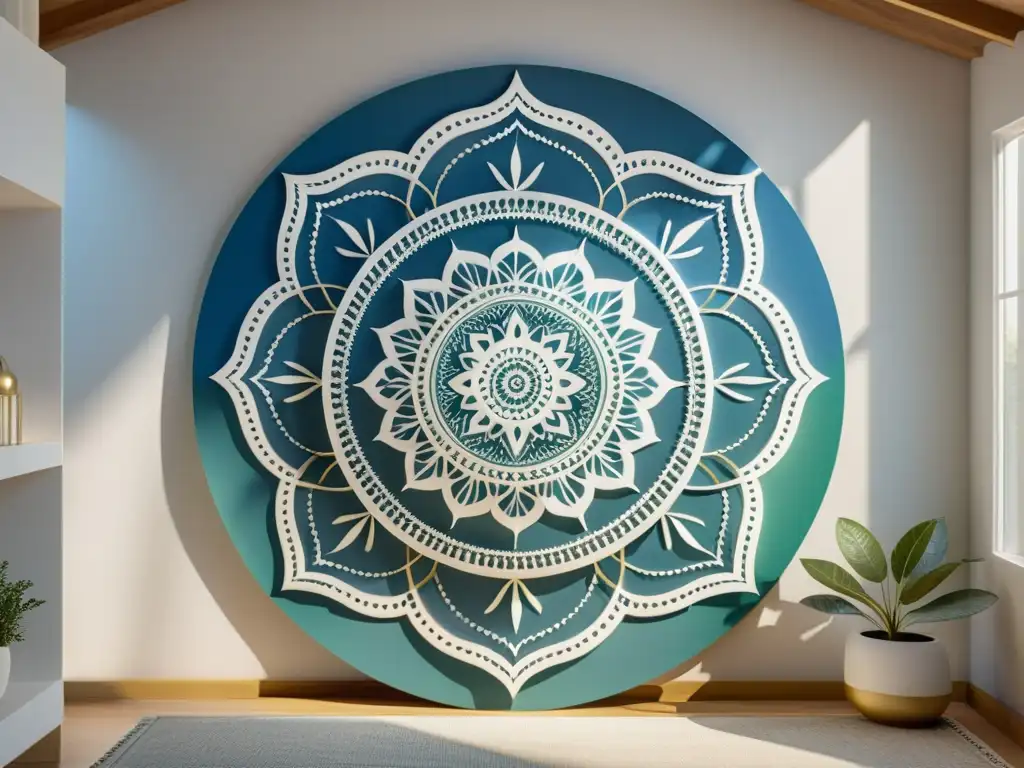 Un mandala blanco con patrones geométricos en tonos azules, verdes y dorados en una sala serena