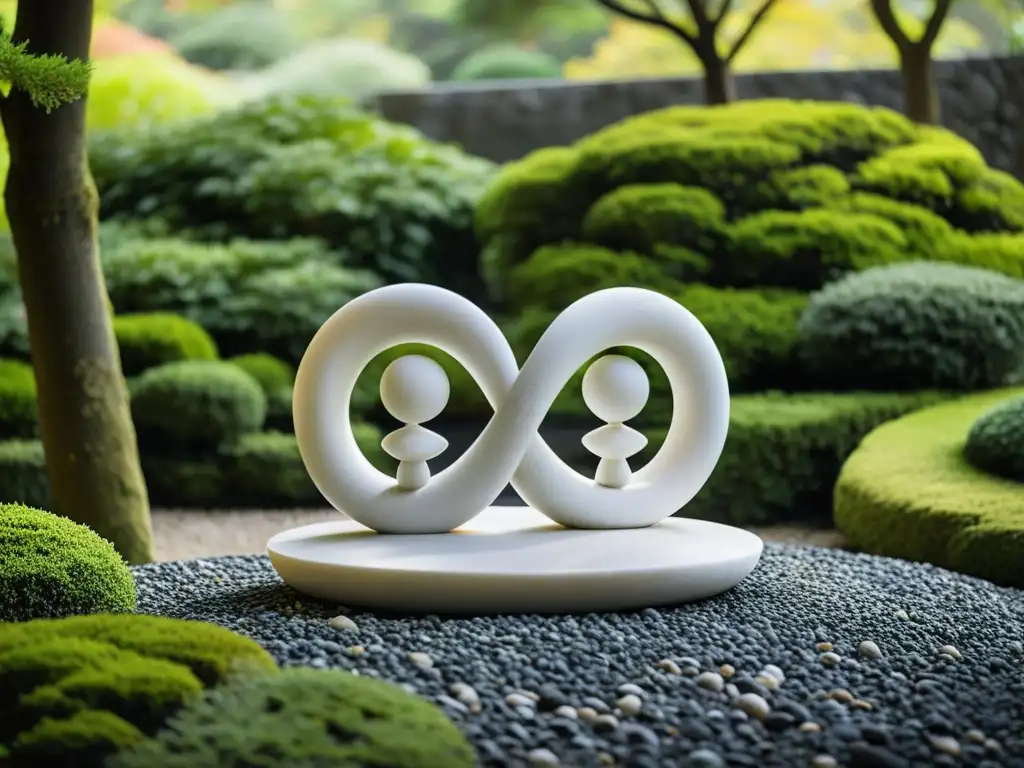 Escultura Feng Shui de amor en mármol blanco, en jardín zen japonés, transmite serenidad y equilibrio