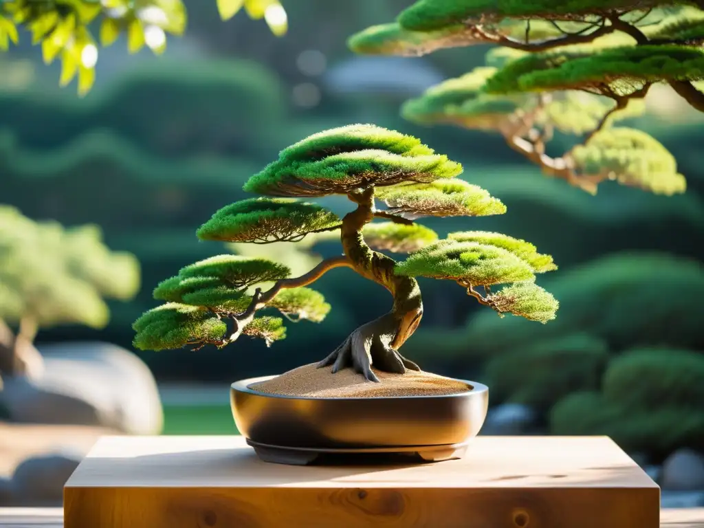 Un bonsái cuidadosamente podado en un jardín de rocas japonés transmite armonía y equilibrio