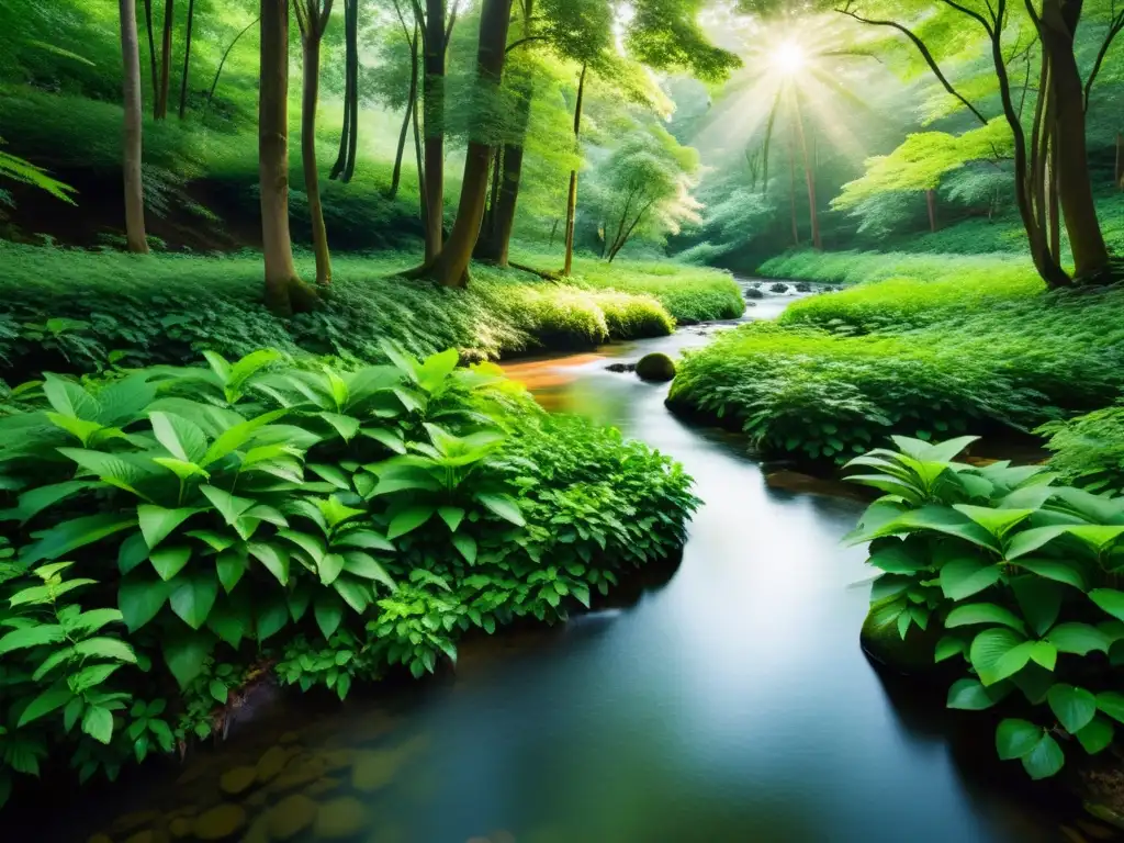 Bosque sereno: armonía natural y energía equilibrada Un bosque exuberante con un arroyo tranquilo, simbolizando la armonía y energía natural del Feng Shui para armonía global