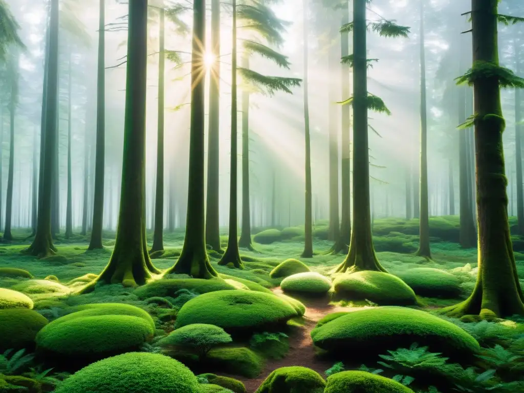 Bosque sereno: energía y armonía verde Un bosque exuberante y sereno irradia la energía del elemento madera Feng Shui, con árboles esbeltos y un ambiente tranquilo