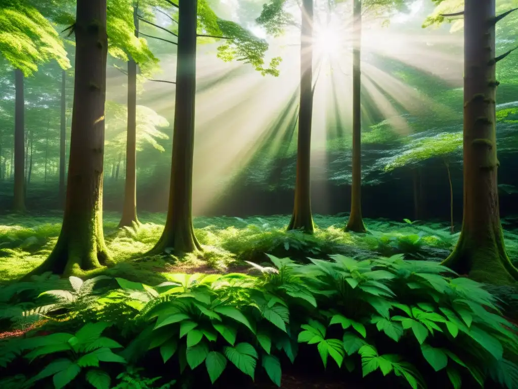 Un bosque exuberante y verde con luz solar filtrándose a través del dosel, creando sombras moteadas en el suelo