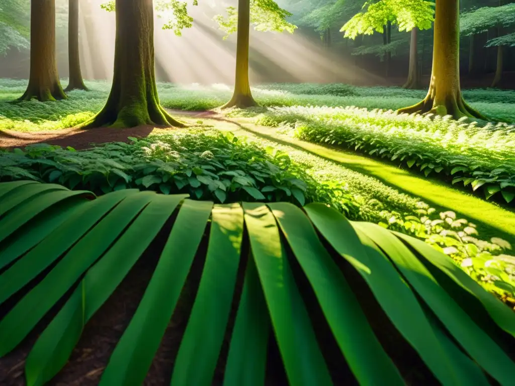 Un bosque verde exuberante, con luz solar filtrándose entre el dosel y creando sombras moteadas en el suelo